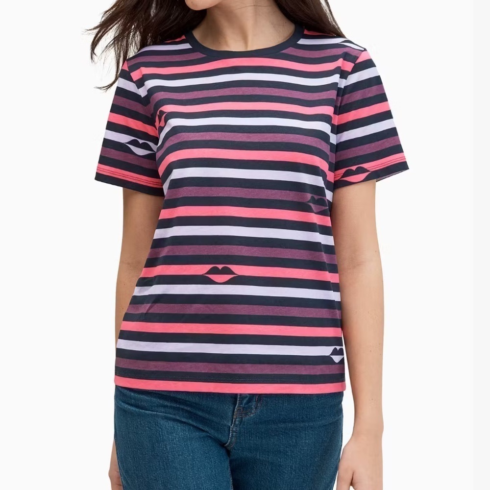 Kate Spade | Women’s Pink & Purple Striped Lips T-shirt 100% Cotton Size Large